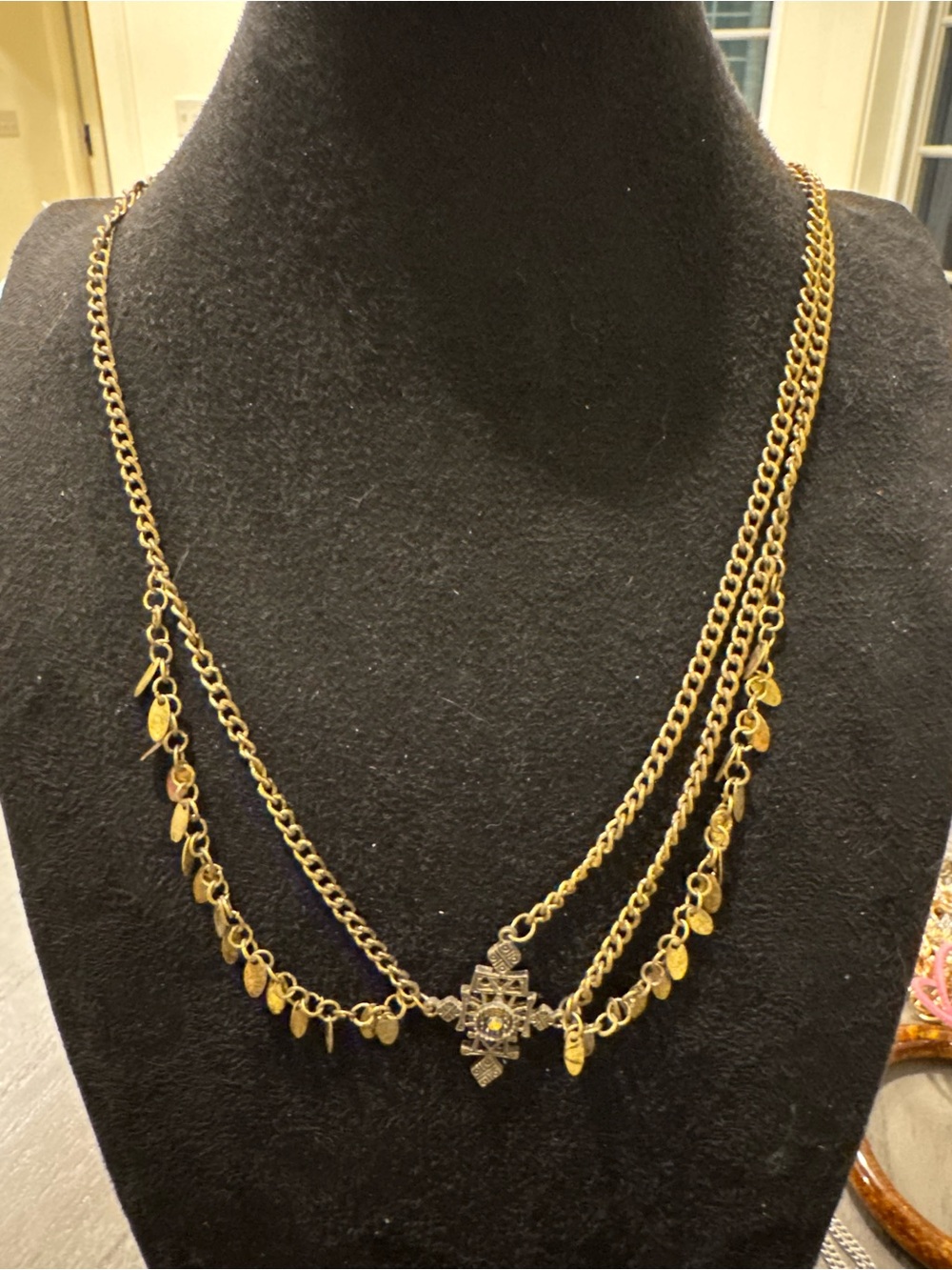 Gold Tone Layered Chain Necklace Boho Tribal Geometric Pendant Dangle Jewelry